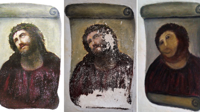 Pictures provided by the Center for Borja Studies show the original version of the painting Ecce Homo, by 19th-century painter Elias Garcia Martinez, from left, the deteriorated version the center recently documented, and the version "restored" by a parishioner.