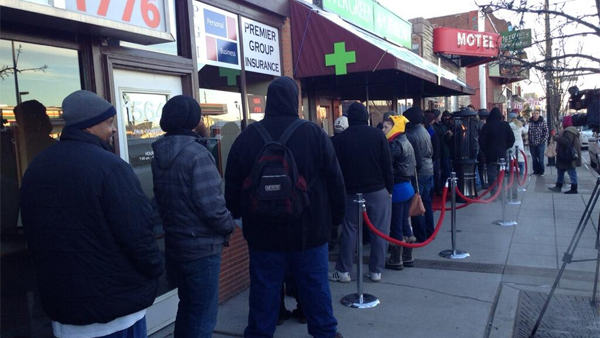 Lines were once again large outside Evergreen Apothecary on Jan. 2, 2013, for the second day of legal recreational marijuana sales in Denver. Many had no luck on Jan. 1. (Photo: Twitter / Chris Jose)