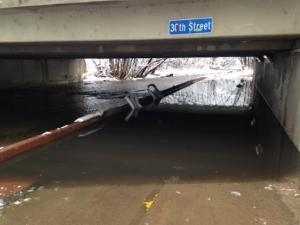Flooding along the Boulder Creek Path forced the closure of the underpass at 30th Street on Thursday, April 3, 2014. (Credit: Paul Aiken, Boulder Daily Camera)
