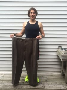 In February 2013, Mazzetti joined a local gym and started focusing on maintaining his weight rather than losing it. Here, he shows off his size 48 pants from 2012. Courtesy: CNN