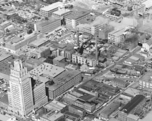 1956 overhead image of what used to be primarily R.J. Reynolds tobacco company warehouses and factories. 