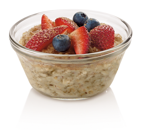 "Warm & wholesome, our multigrain, steel-cut oatmeal is first slow-cooked in kettles the old-fashioned way. Anything but dry and instant, our hearty oatmeal has flax, whole wheat and buckwheat and is topped with fresh strawberries and blueberries."