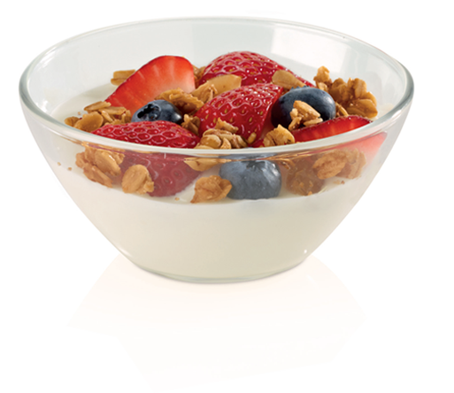 "Creamy honey vanilla Greek yogurt with fresh strawberries and blueberries, topped with your choice of our own Harvest Nut Granola or chocolate cookie crumbs."