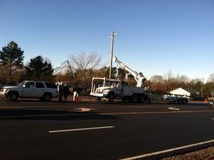 Athens Utilities crews make repairs to power poles on Friday morning, following the storms. (Photo: City of Athens)