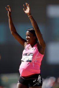 A pregnant Alysia Montaño is shown after running in the opening round of the women's 800-meter run during day 2 of the USATF Outdoor Championships at Hornet Stadium on June 26, 2014 in Sacramento. (Credit: Ezra Shaw/Getty Images)