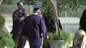 Don Miyada walked with this year’s graduating class at Newport Harbor High School 72 years after he and his family were relocated to a Japanese internment camp in Arizona in 1942. (Credit: KTLA)