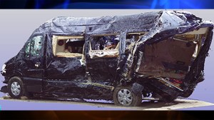 A three-dimensional scan provided by the National Transportation Safety Board of the Mercedes-Benz limo bus Tracy Morgan and six others were riding in on Saturday, June 7, 2014. (Credit: NTSB)