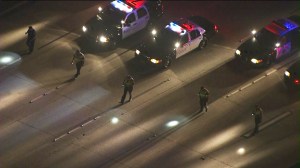 Officers use flashlights to perform a grid search on the 91 Freeway looking for evidence in a Deadly shooting. (Credit: KTLA)