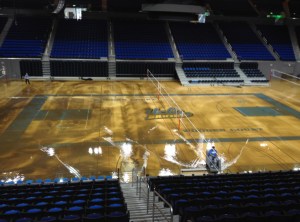 Pauley Pavilion was flooded by a water main break that spewed water across much of the UCLA campus on July 29, 2014. (Credit: KTLA)