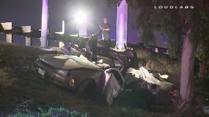 Two people died after a vehicle verse big rig crash caused the car to drive down an embankment off the 405 Freeway in Carson on July 26, 2014. (Credit: Loudlabs)