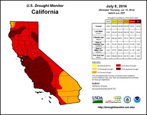 he U.S. Drought Monitor for California showed nearly 80 percent of the state in extreme or, worse, exceptional drought in July 2014. (Credit: National Drought Mitigation Center)