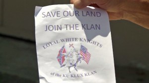 Fliers urging Orange residents to join the Loyal White Knights of the Ku Klux Klan appeared at homes in Orange in the week of July 13, 2014. (Credit: KTLA)
