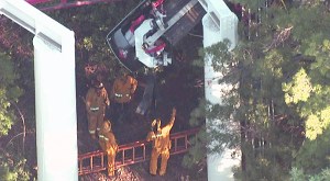 Firefighters survey what appeared to be a derailed train on the Ninja ride. (Credit: KTLA)