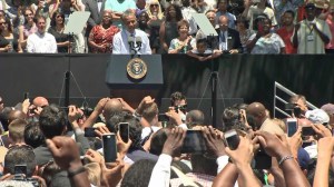 President Obama spoke at Los Angeles Trade Tech, where he was briefly interrupted by a protester on July 24, 2014. (Credit: KTLA)