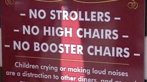 A sign outside Shake's Old Fisherman's Grotto in Monterey, California advises restaurants that no strollers, high chairs or booster chairs are allowed inside. (Credit: KSBW)