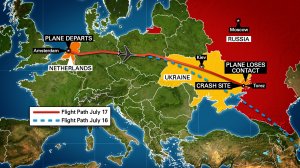 This map outlines the intended (blue) and actual (red) flight path of Malaysia Airlines flight 17. The flight crashed in eastern Ukraine Thursday, July 17, 2014. (Credit:CNN)