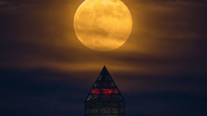 A supermoon rises behind the scaffolding-wrapped Washington Monument, Sunday, June 23, 2013. (Credit: NASA)