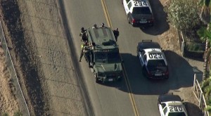 A SWAT vehicle and patrol cars were on scene at search for one or two people in Moreno Valley on July 22, 2014. (Credit: KTLA)