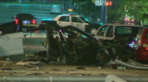 A Tesla was involved in a bad crash in West Hollywood that left multiple people injured. (Credit: KTLA)