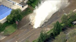 A water main break in Westwood sent a geyser gushing into the air and across the UCLA campus on July 29, 2014. (Credit: KTLA)