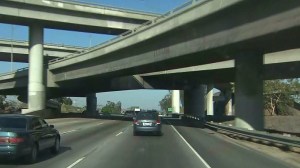 Two motorcyclists were shot and wounded, one critically,  on the 60 Freeway on Saturday, Aug. 30, 2014. (Credit: KTLA)