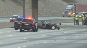 One person died and another was detained after a wrong-way crash on the 210 Freeway in Azusa on  Saturday, Aug. 9, 2014. (Credit: KTLA)