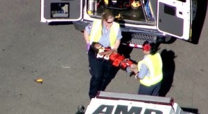 At least three children were airlifted to the hospital after a single car crash on the 60 Freeway. (Credit: KTLA)