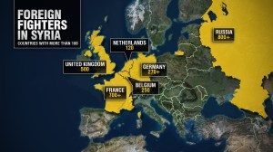 This map highlights countries where more than 100 residents have left their country to fight in Syria. (Credit: CNN)