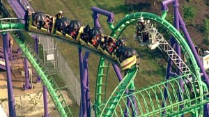 Two dozen people were stuck on the Joker's Jinx roller coaster at Six Flags America on Aug. 10, 2014. (Credit: CNN)