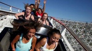 Riders head toward one of two high drops aboard the Colossus roller coaster at Six Flags Magic Mountain. (Credit: Los Angeles Times) 