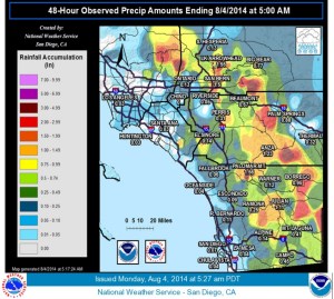 A graphic shows rainfall of between 3 and 5 inches in some mountain areas in the 48-hour period that ended 5 a.m. Monday, Aug. 4, 2014. (Credit: National Weather Service)