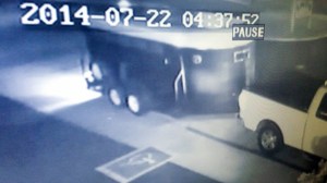 Surveillance video shows a truck and horse trailer used by thieves to siphon fuel at a gas station in Riverside, authorities said. (Credit: Riverside Police Department)