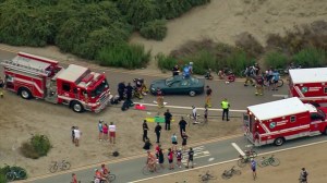 Authorities responded to San Diego's Fiesta Island on Aug. 12, 2014, where eight cyclists were hurt when a wrong-way driver crashed into them.(Credit: KSWB)