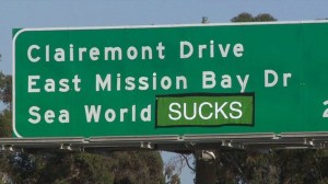 A San Diego freeway sign was altered to say "Sea World Sucks" in May 2014. (Credit: KSWB)