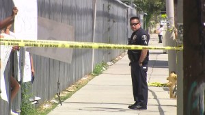 Police tape was erected around part of Jefferson High, where officers responded to a walk-out on Aug. 25, 2014. (Credit: KTLA)