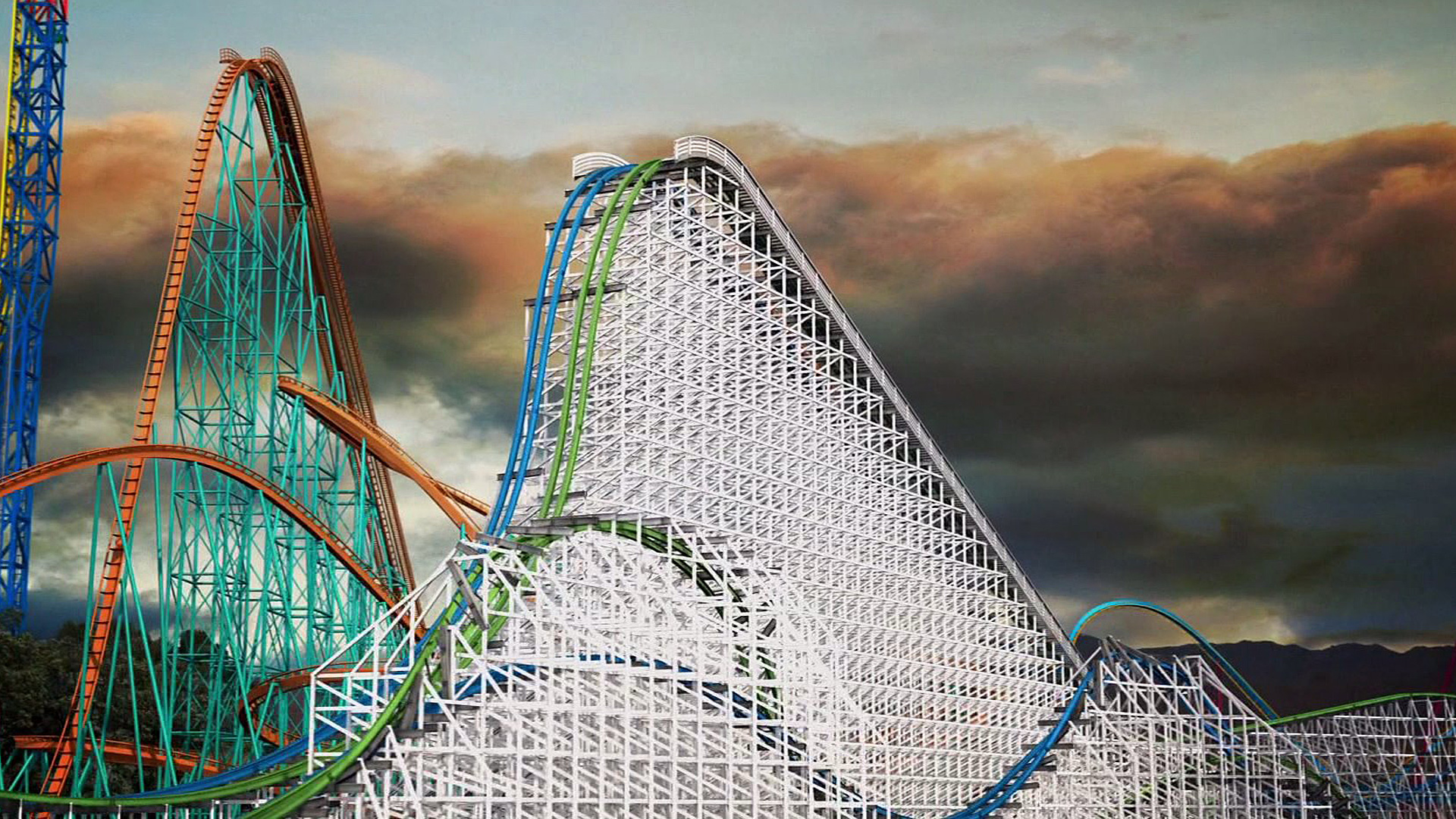 A preview image of Twisted Colossus provided by Six Flags Magic Mountain.