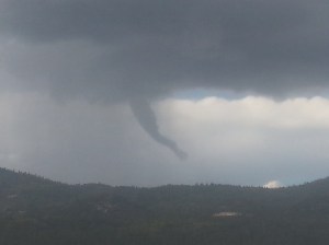 A funnel cloud moved over the Big Bear area about 4:30 p.m. on Sept. 16, 2014. (Credit: Ryan Whitcher)