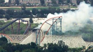 The famous Colossus roller coaster at Six Flags Magic Mountain in Valencia caught fire on Monday, Sept. 8, 2014. (Credit: KTLA)