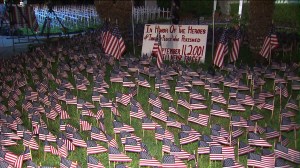 Orange County Firefighter Scott Townley has placed thousands of flags on his front lawn as part of a memorial dedicated to remembering those who lost their lives in the 9/11 attacks. (Credit: KTLA) 