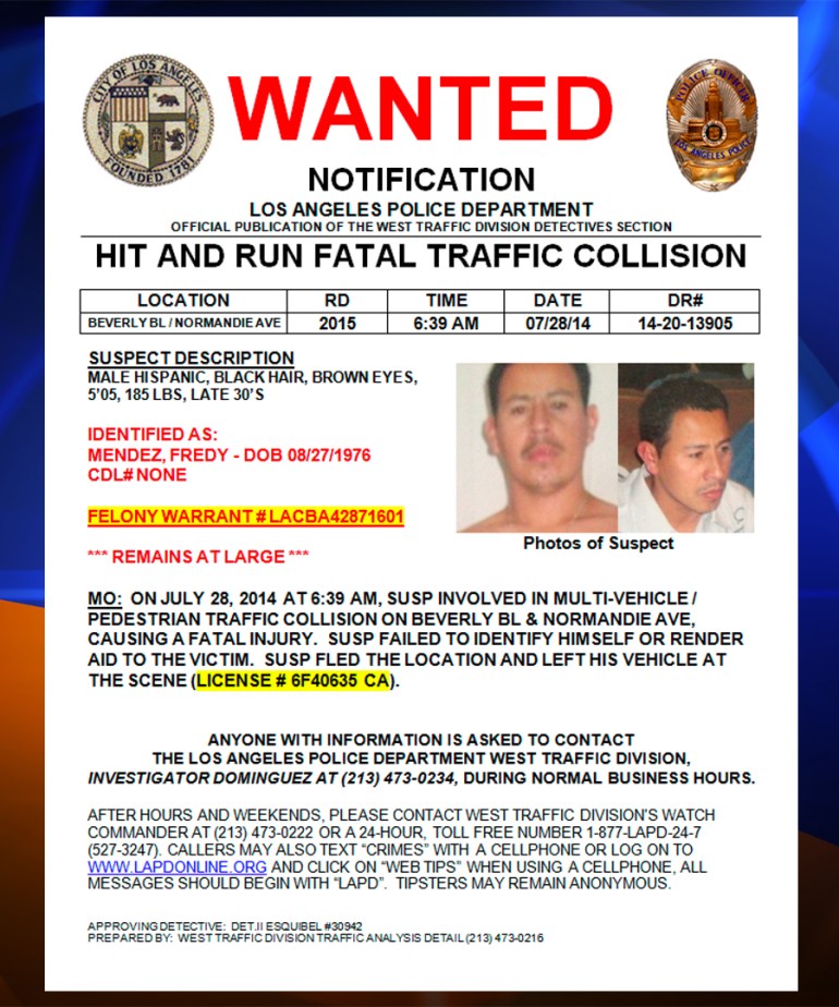 Fredy Mendez is seen in a wanted poster issued by the Los Angeles Police Department on Wednesday, Sept. 17, 2014.