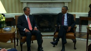 President Barack Obama is pictured with House Speaker John Boehner while he tried to rally support among congressional leaders on Sept. 9, 2014, to go after Islamic State terrorists in Syria. (Credit: Pool via CNN)