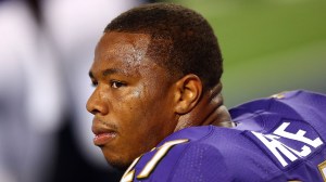 Ray Rice #27 of the Baltimore Ravens sits on the bench against the Dallas Cowboys in the first half of their preseason game at AT&T Stadium on August 16, 2014 in Arlington, Texas. (Credit: Ronald Martinez/Getty Images) 