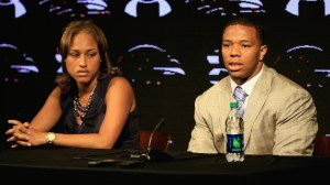 Running back Ray Rice of the Baltimore Ravens addresses a news conference with his wife Janay at the Ravens training center on May 23, 2014 in Owings Mills, Maryland. Rice spoke publicly for the first time since facing felony assault charges stemming from a February incident involving Janay at an Atlantic City casino. (Credit: Rob Carr/Getty Images)