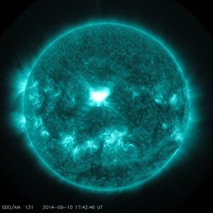 The huge white spot near the center of this picture taken by NASA's Solar Dynamics Observatory shows an X1.6 class solar flare on sun on September 10, 2014. The image shows light in the 131 Angstrom wavelength. (Credit: NASA/SDO)