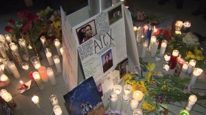 Hundreds gathered at Eleanor Roosevelt High School in Corona on Oct. 5, 2014, to honor five victims of a fiery multi-vehicle crash. (Credit: KTLA)