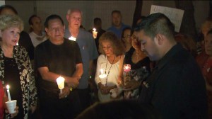 Friends of slain Mayor Daniel Crespo gathered at a vigil outside Bell Gardens City Hall. (Credit: KRLA)