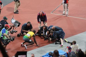 Jamaica's Usain Bolt kisses the running track after winning the men's 100m Final at the London 2012 Olympics on August 5th, 2012.