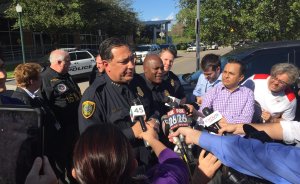 Newfix and other news outlets gather around HPD Chief Art Acevedo for update on the potential active shooter.