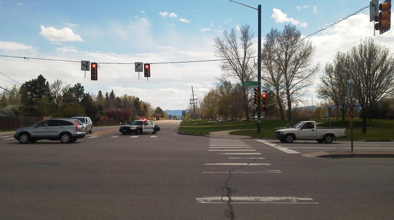 Jefferson County Sheriff's deputies block entrances to Columbine H.S.