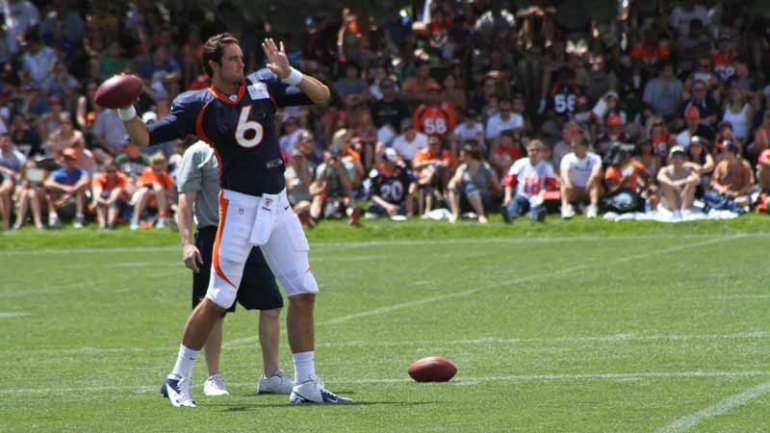 Brock Osweiler throws during Day 5 of camp, July 30, 2012.